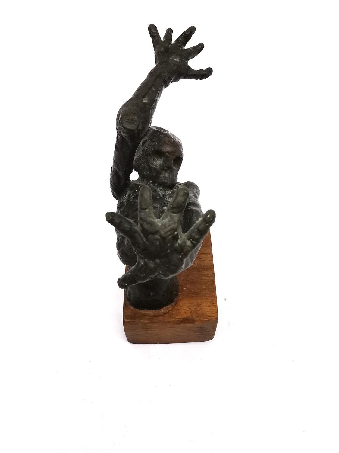 A bronze sculpture of a half skeleton with arm outstretched over its head. Unsigned. Mounted on - Image 2 of 6