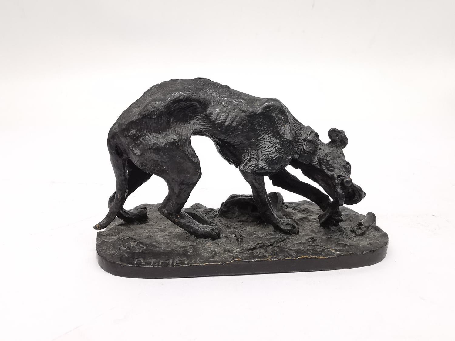 After Pierre-Jules Mene, French, (1810 - 1879), a miniature bronze sculpture of a hunting dog with