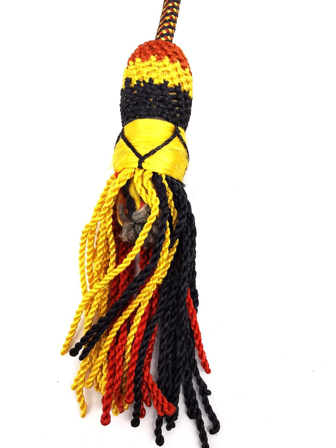 A silver plated bugle with red black and yellow silk rope with tassel ends. L.28 W.19cm - Image 3 of 4