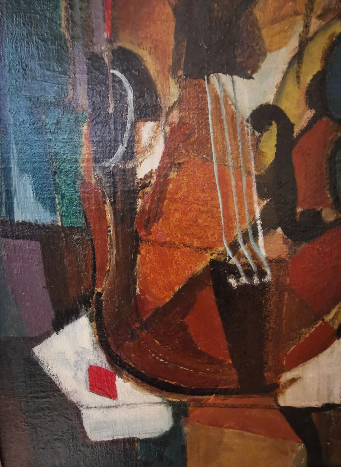 Bertrand Dorny, French (1931 - 2015), oil on board, modernist abstract of a cello and sheet music, - Image 4 of 8