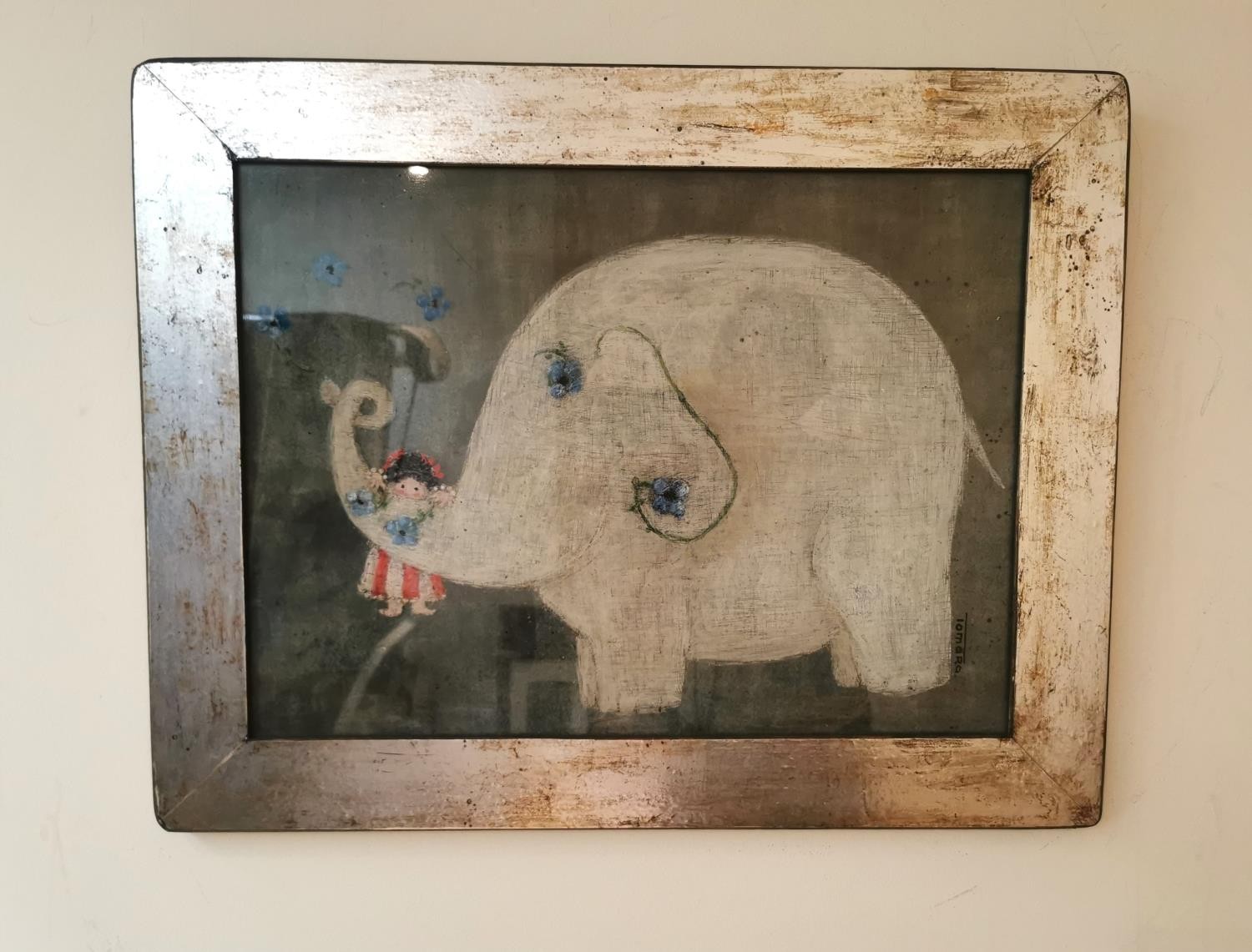 A reverse painting on glass, signed Tamara. Depicting a white elephant with a child swinging on - Image 2 of 5