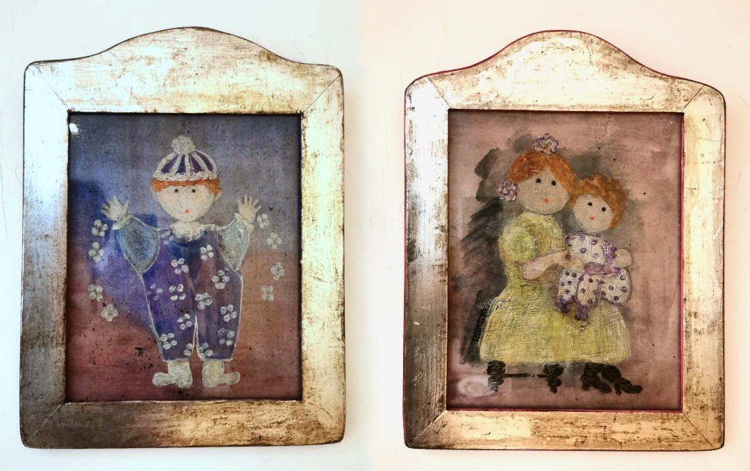 A pair of reverse paintings on glass, signed Tamara, titled 'Baby Boomer I' and 'Hu Rah'. Framed.