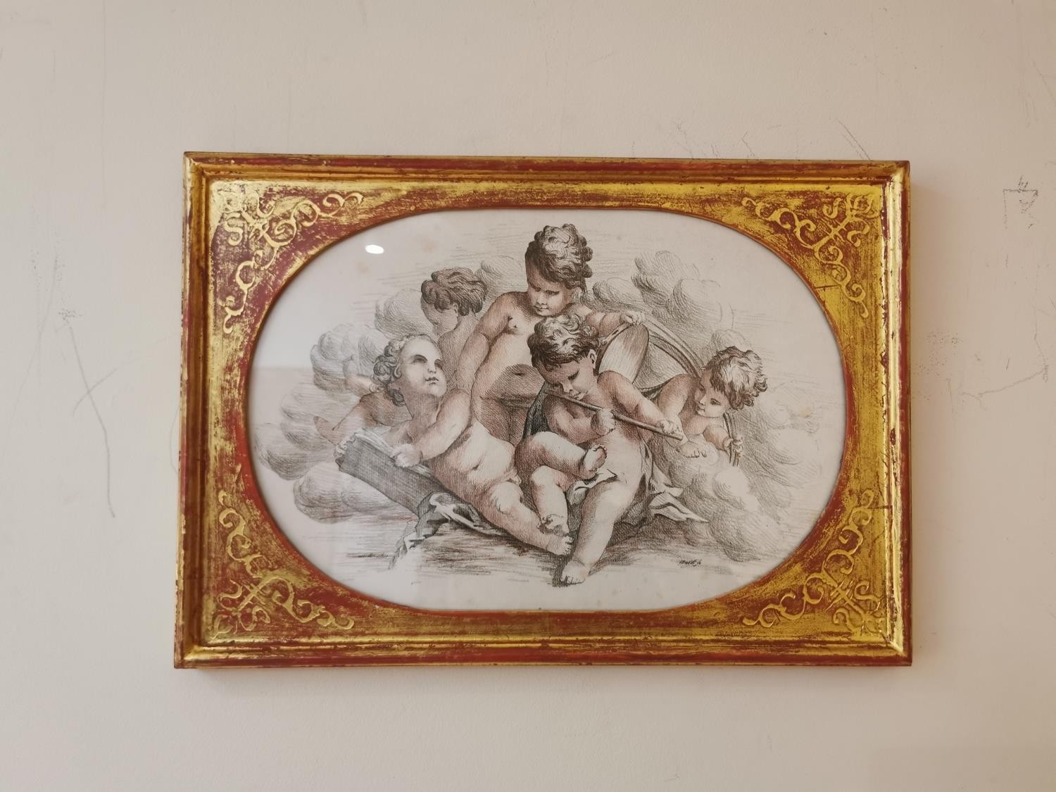 Three gilt framed and glazed 19th century engravings of putti, one sanguine. Gallery label verso. - Image 2 of 20