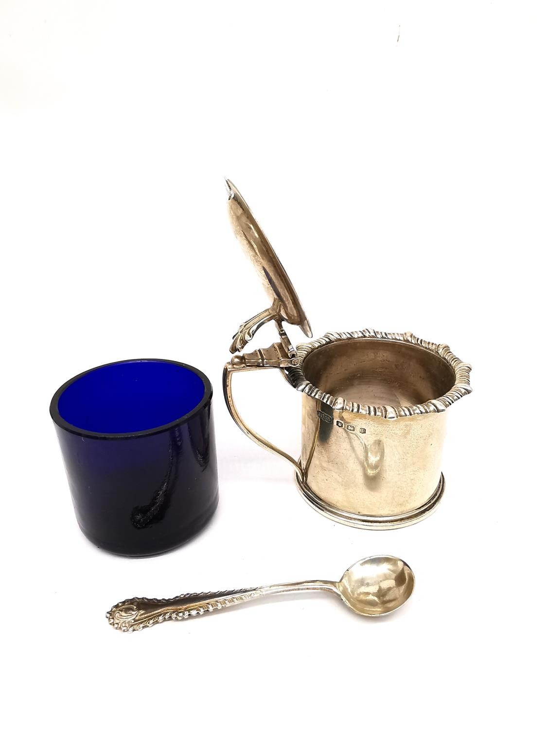 An Art Deco five piece silver cruet set by James Dixon and Sons, a blue glass lined mustard pot with - Image 5 of 9
