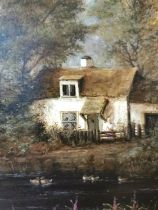 G. Williams, 20th century oil on board of an English thatch cottage next to the river with figures