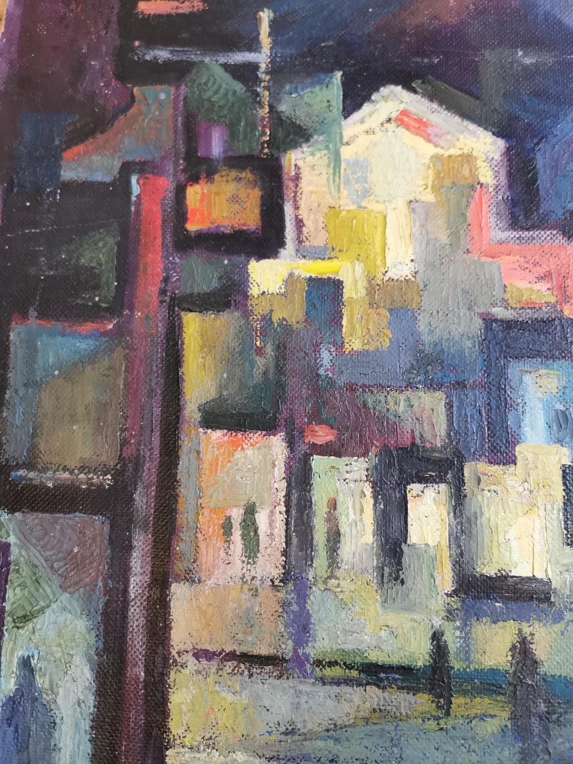 Emanuel Levy (1900-1985), 20th century oil on board of a cubist style night time street scene with - Image 7 of 9