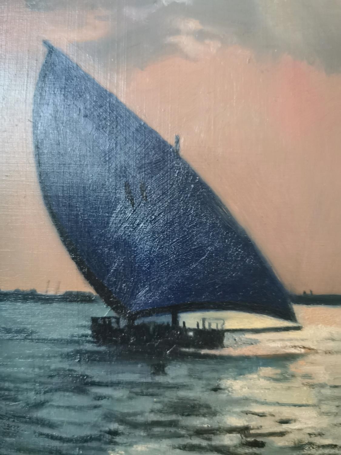 Gillian Furlong, oil on board, titled 'Setting sun, the Felucca', monogrammed, gallery label - Image 4 of 8