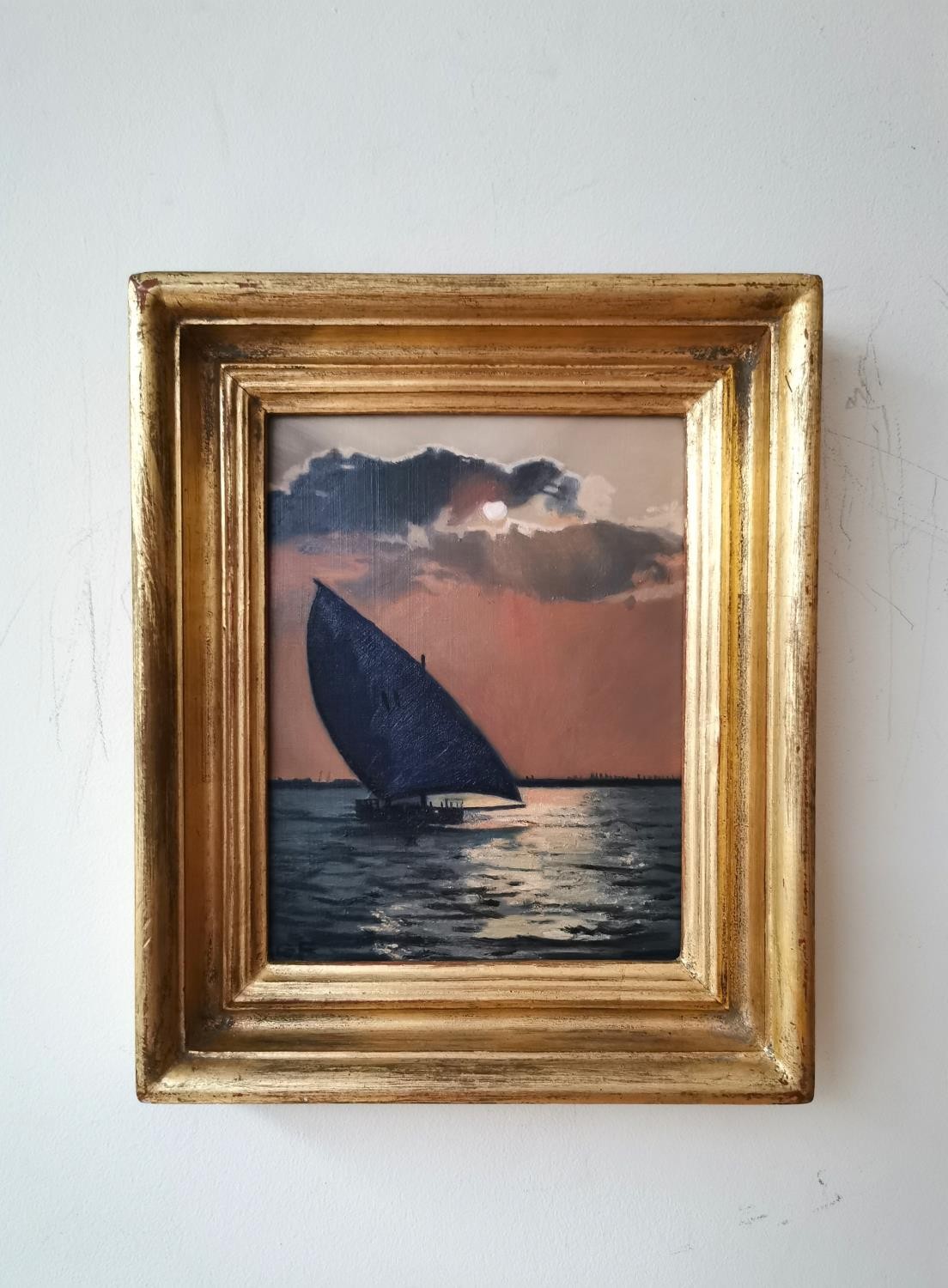 Gillian Furlong, oil on board, titled 'Setting sun, the Felucca', monogrammed, gallery label - Image 2 of 8