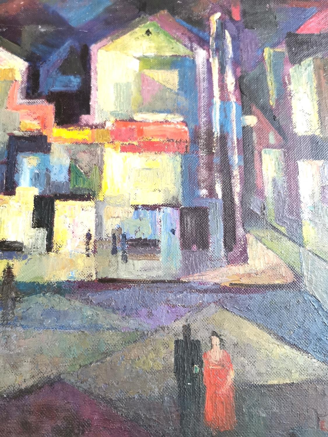 Emanuel Levy (1900-1985), 20th century oil on board of a cubist style night time street scene with - Image 4 of 9