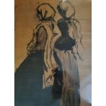 A framed and glazed watercolor on paper of two ladies wearing head scarves, indistinctly signed