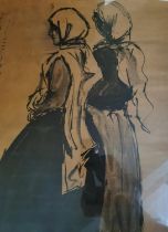 A framed and glazed watercolor on paper of two ladies wearing head scarves, indistinctly signed