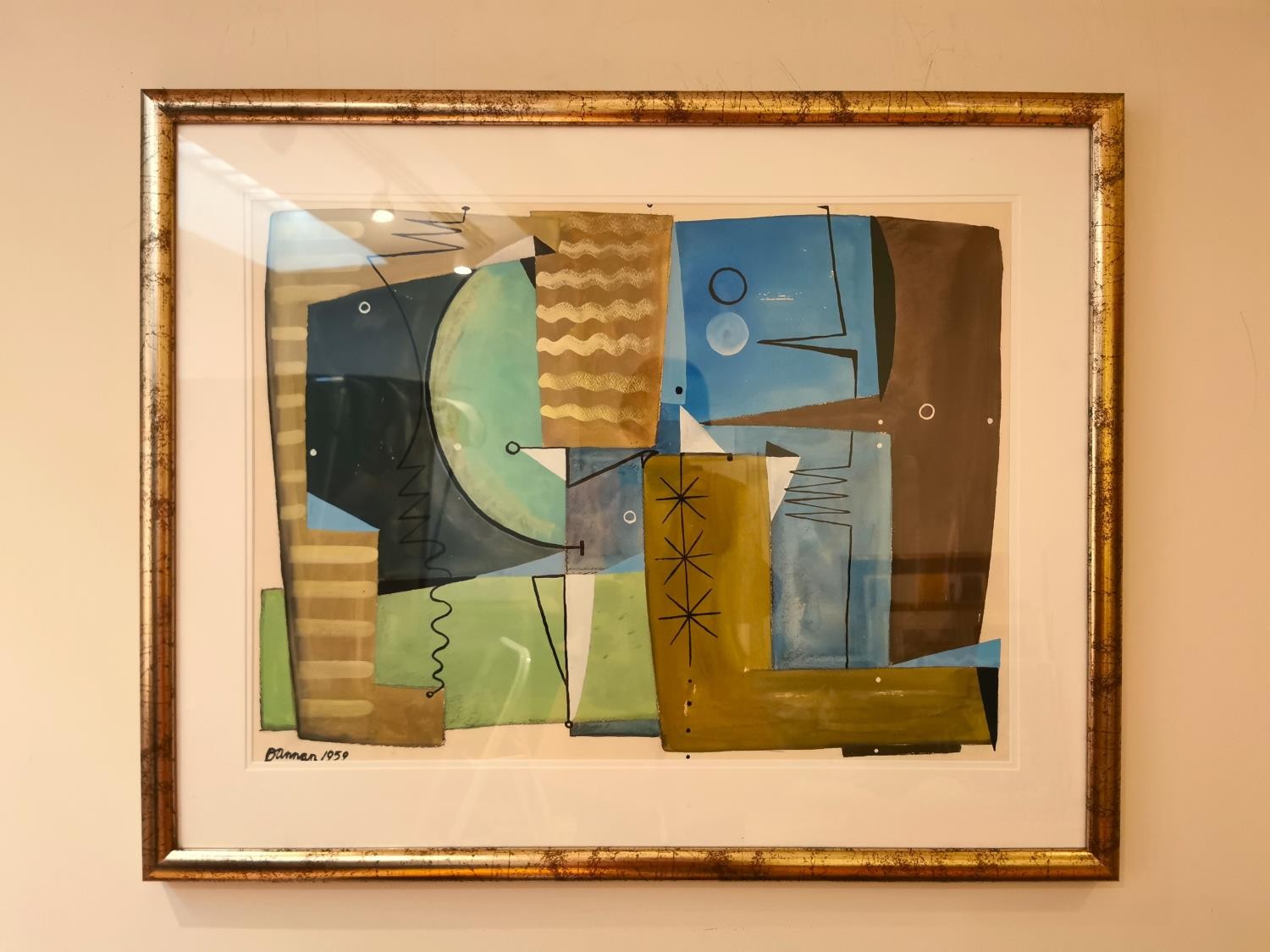 A 20th century cubist style abstract watercolour on paper, signed Bannon, dated 1959. Framed and - Image 2 of 7