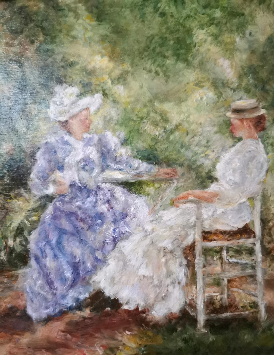 An impressionist oil on board painting of ladies in conversation, unsigned. Framed H.37 L.38cm - Image 5 of 5