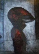 A framed and glazed oil on board of a abstract hooded figure, indistinctly signed. H.107 L.86cm