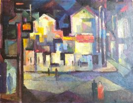 Emanuel Levy (1900-1985), 20th century oil on board of a cubist style night time street scene with