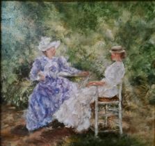 An impressionist oil on board painting of ladies in conversation, unsigned. Framed H.37 L.38cm