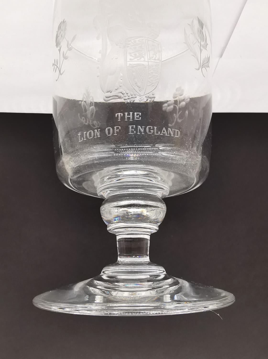 Two Thomas Webb etched glass goblets, 'The Lion of England' and 'The Unicorn of Scotland. H.17 - Image 6 of 7