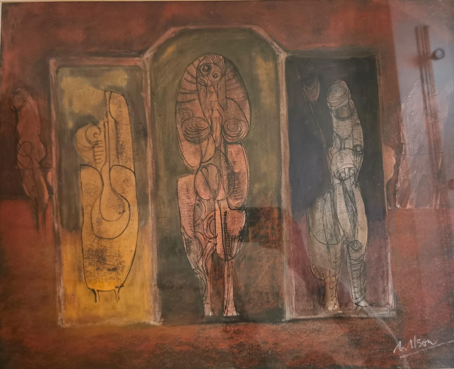 Cyril Wilson, British (1911 - 2003), mixed media on paper, abstract figures, signed Wilson. Framed