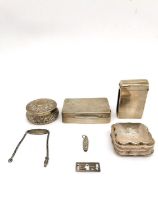 A collection of silver items, including three snuff boxes, (one with broken hinge) a match box