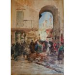 A framed and glazed water colour of a continental market scene, indistinctly signed. H.61 L.47cm
