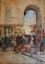 A framed and glazed water colour of a continental market scene, indistinctly signed. H.61 L.47cm