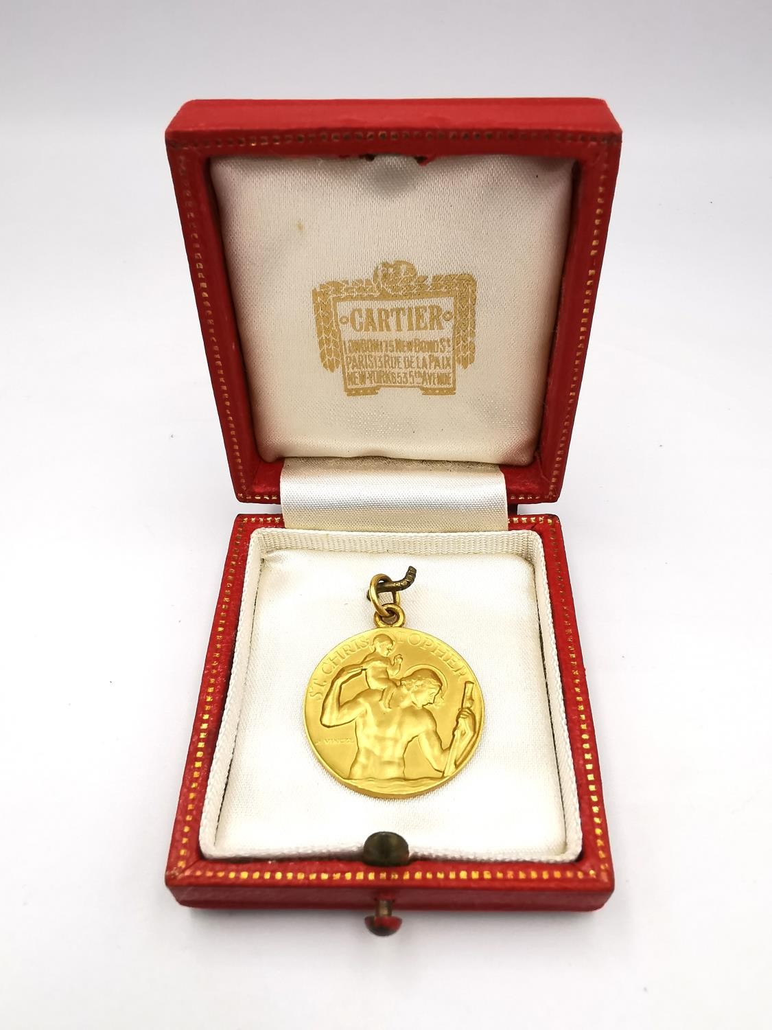 A leather boxed 9ct yellow gold St. Christopher medallion by Paul Vincze. Medallion signed P. - Image 2 of 5