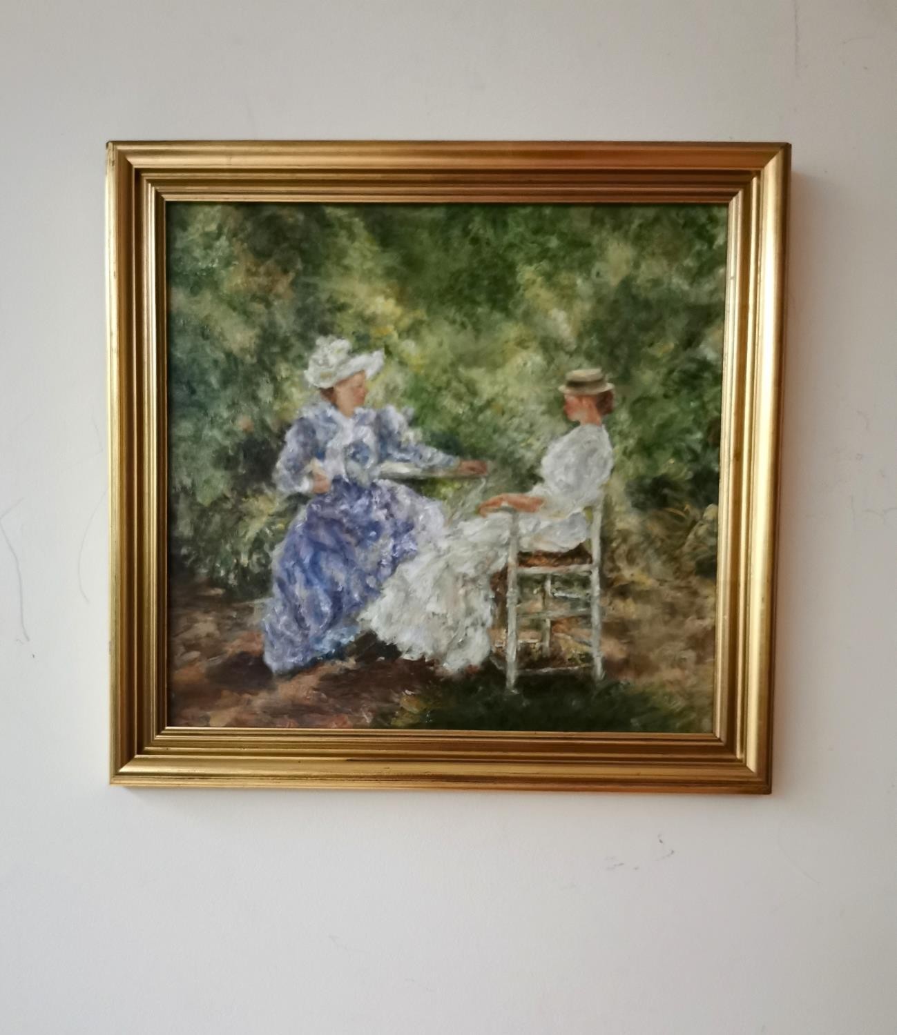 An impressionist oil on board painting of ladies in conversation, unsigned. Framed H.37 L.38cm - Image 2 of 5