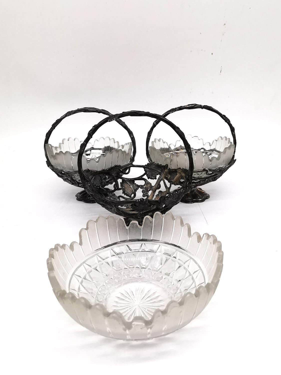 A collection of three silver plated sculptural vine and grape design sugar bowls with frosted cut - Image 2 of 5