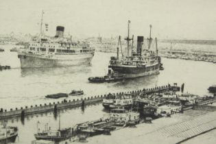 An etching of ships in a harbour, Amsterdam, indistinctly signed, framed and glazed. H.40 W.71cm.