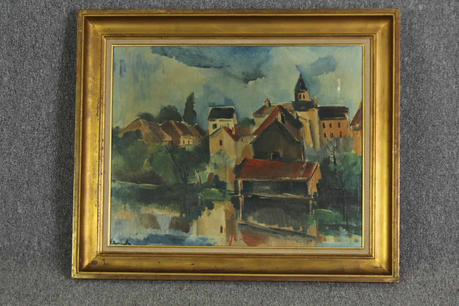 A print on canvas of a provincial French town, in a giltwood frame. H.72 W.85cm. - Image 2 of 6