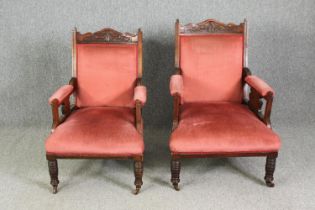 Two late Victorian walnut and upholstered salon chairs (a ladies, and a gentleman version from the