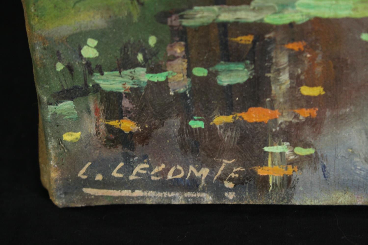 Leopold Lecomte, an Impressionist style oil on canvas of an autumnal woodland with pond, signed. H. - Image 3 of 4