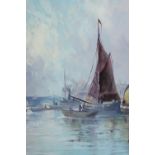 Oil on board of sailing boats on a river, indistinctly signed, BAGE? H.72 W.42cm.