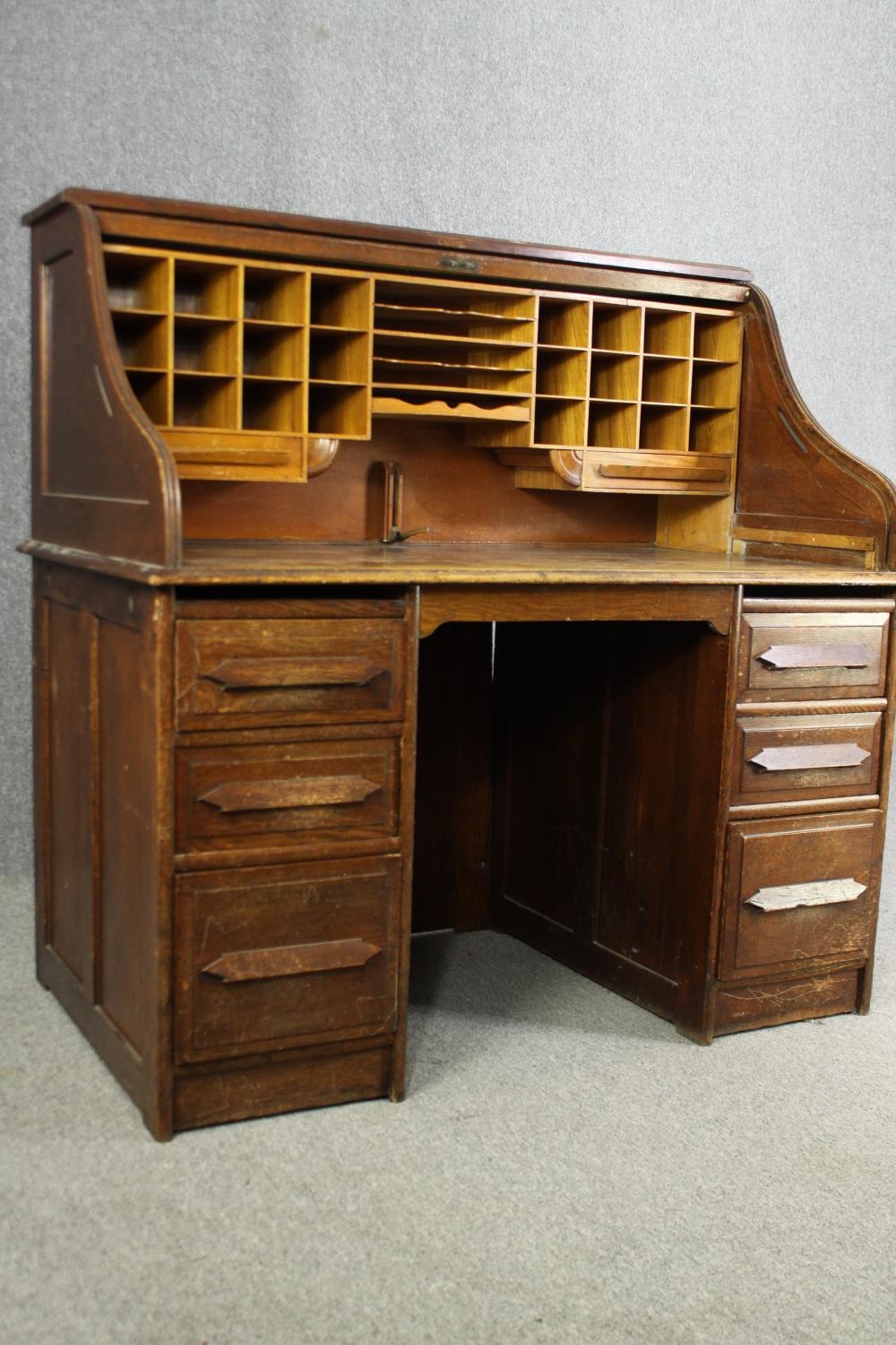 An oak roll top tambour fronted desk, early 20th century with maker's mark. H.128 W.126 D.76cm. - Image 2 of 8