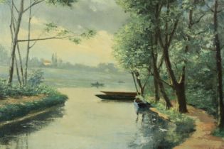 A. Dohondt, oil on canvas depicting a river and boats, signed. H.50 W.65cm.