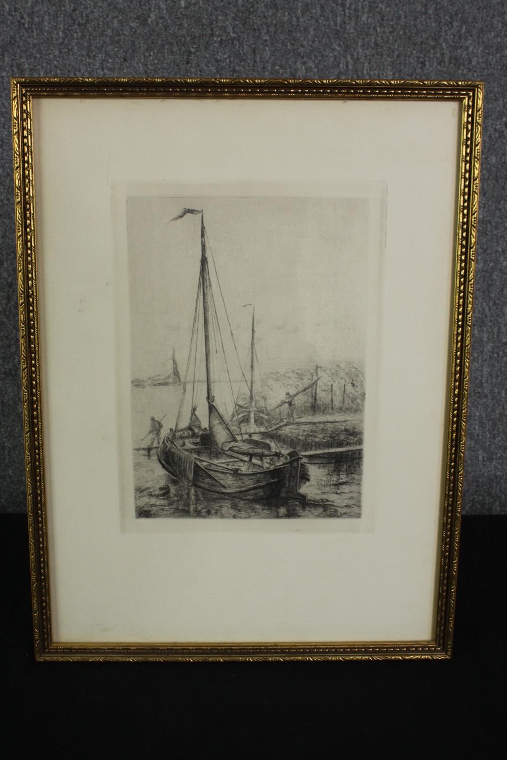 An etching of a moored sailing boat, framed and glazed. H.40 W.30cm. - Image 2 of 4