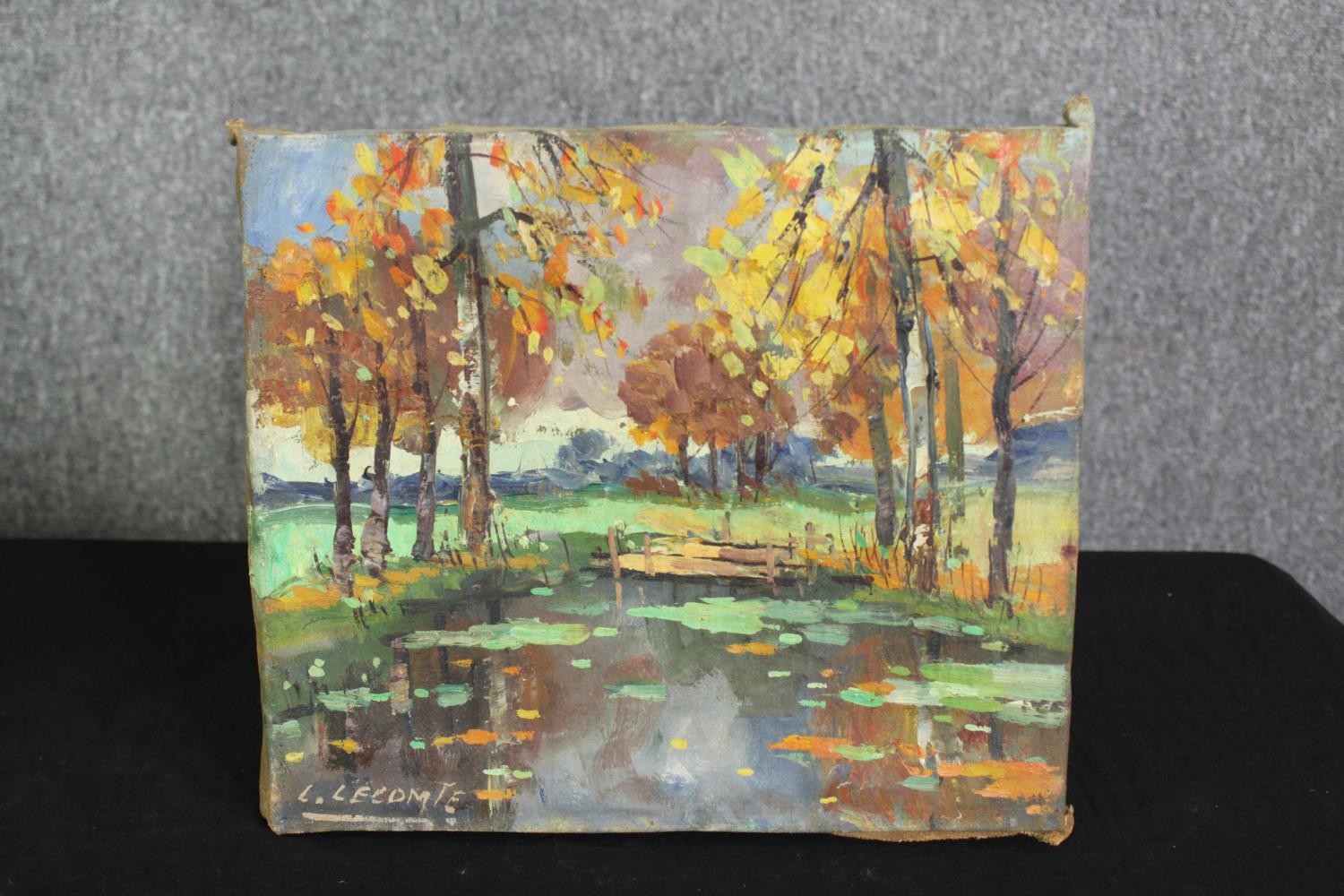 Leopold Lecomte, an Impressionist style oil on canvas of an autumnal woodland with pond, signed. H. - Image 2 of 4
