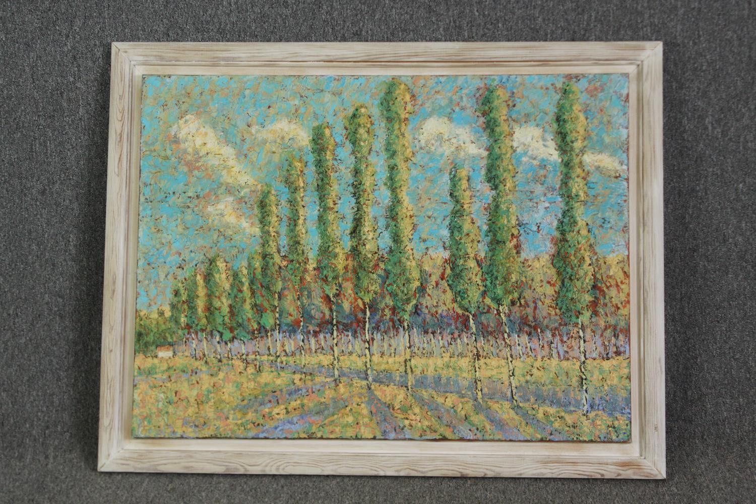 An Impressionist style oil on canvas of poplar trees, in a limed pine frame. H.90 W.115cm. - Image 2 of 3