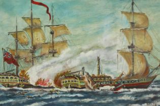 Michel Fiot, a naval battle, oil on canvas, signed. H.42 W.77cm.