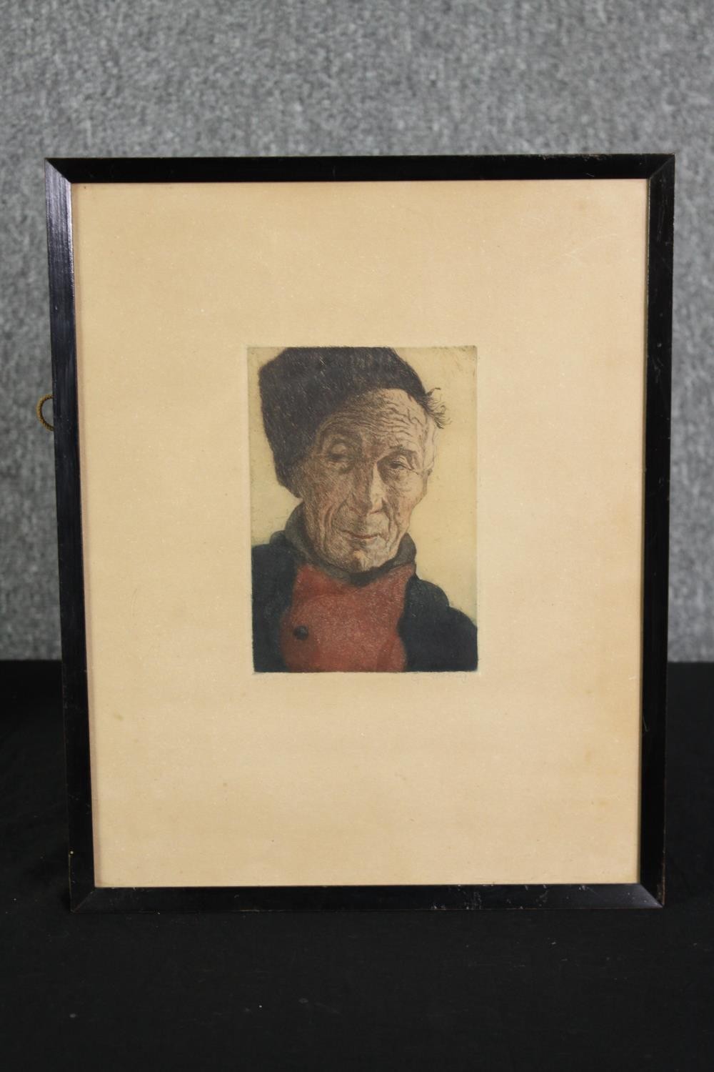 Etching of an elderly man, indistinctly signed and numbered, within an ebonized frame, H.39 W.31cm. - Image 2 of 5