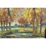 Leopold Lecomte, an Impressionist style oil on canvas of an autumnal woodland with pond, signed. H.