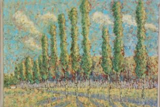 An Impressionist style oil on canvas of poplar trees, in a limed pine frame. H.90 W.115cm.