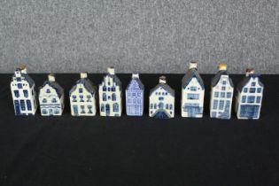 A group of various Delft Blue KLM house spirit flasks. H.10cm. (largest).