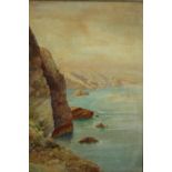 An oil on board landscape with cliffs, in a giltwood frame. H.47 W.36cm.