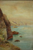 An oil on board landscape with cliffs, in a giltwood frame. H.47 W.36cm.