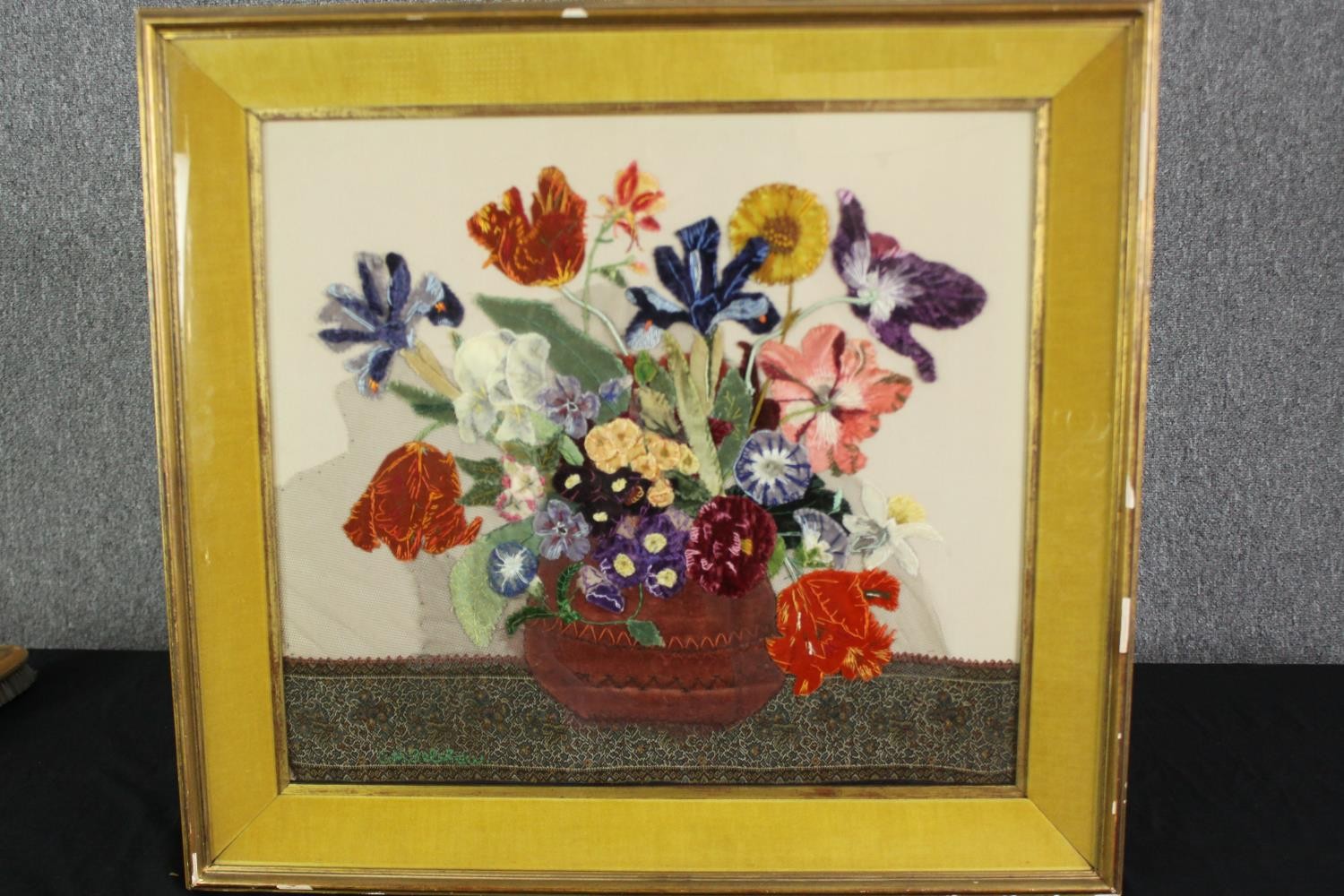 An embroidered still life of flowers, framed and glazed. H.59 W.64cm. - Image 2 of 4