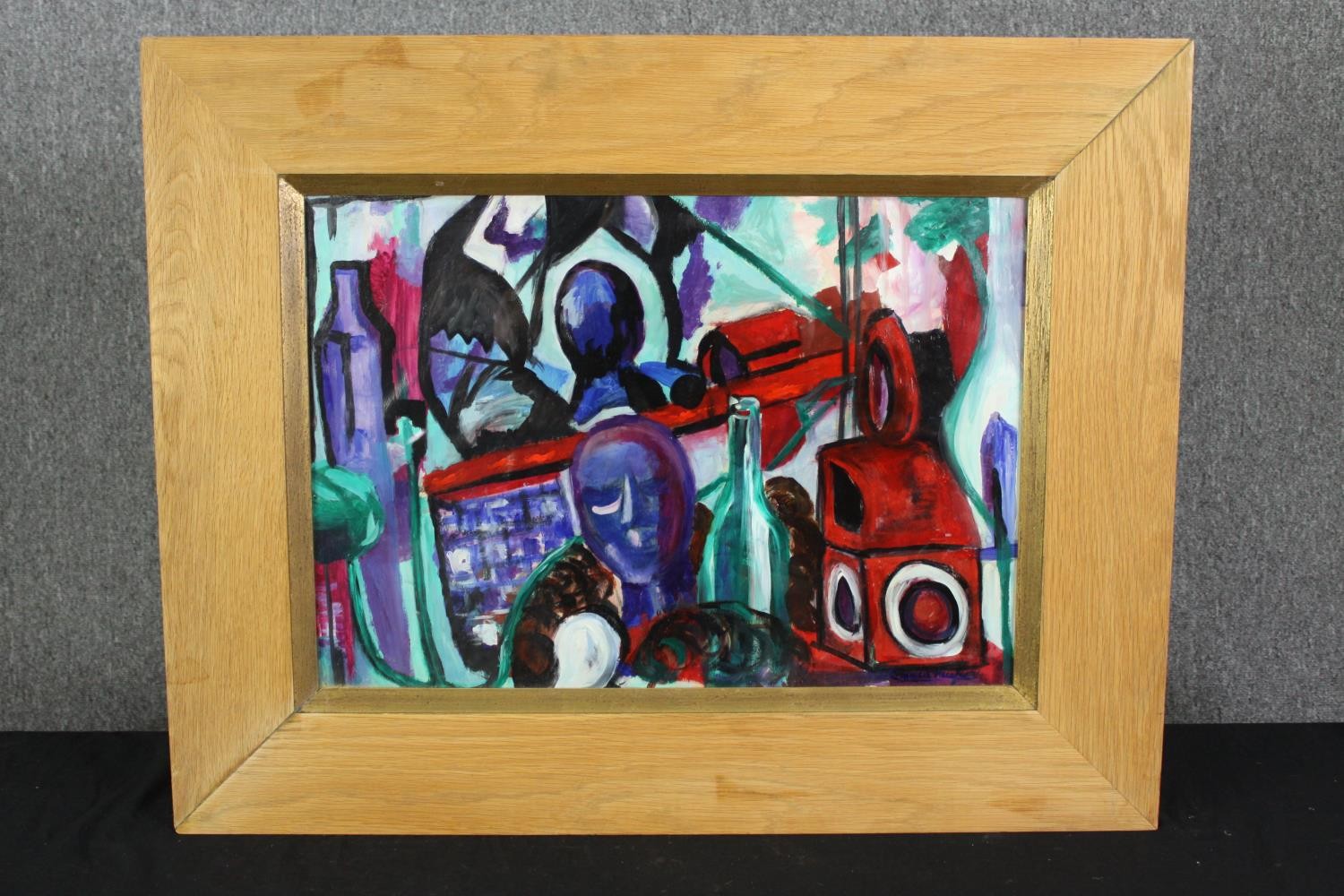 An abstract oil on board 'Mirror distortion', signed David Hughes, in an oak frame. H.62 W.80cm. - Image 2 of 5