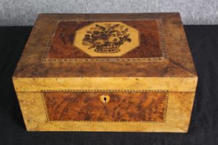 A 19th century burr yewwood and Tunbridge inlaid travelling box, with a fitted interior. H.15 W.35