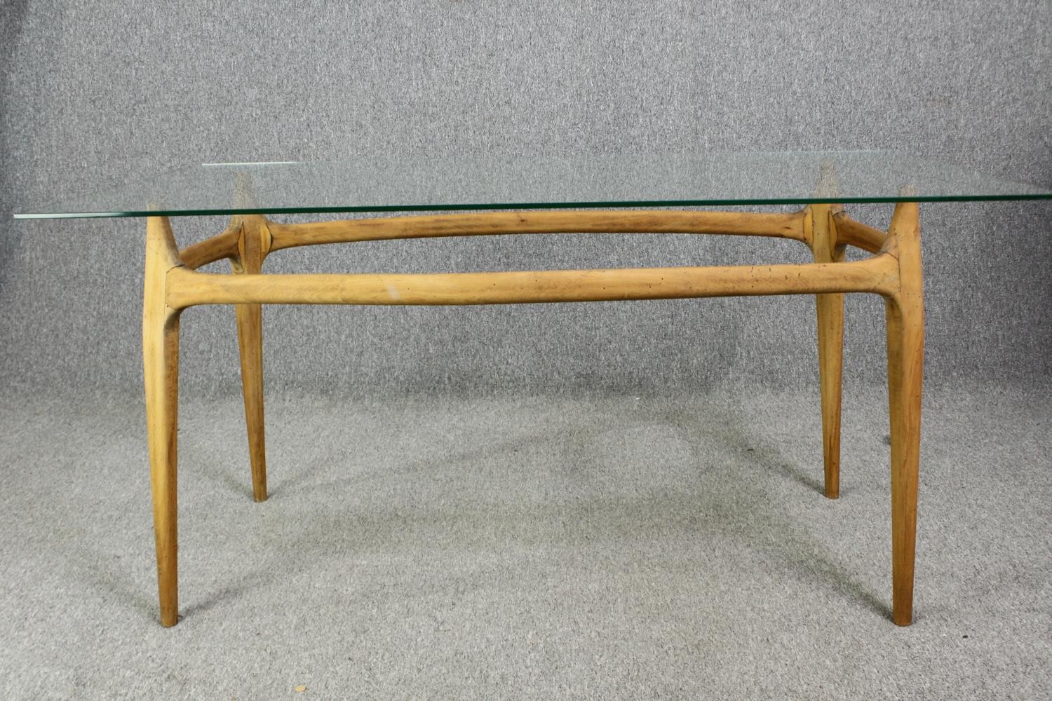 Dining table, mid century beech frame with plate glass top. H.73 W.150 D.80cm.