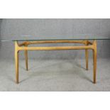 Dining table, mid century beech frame with plate glass top. H.73 W.150 D.80cm.